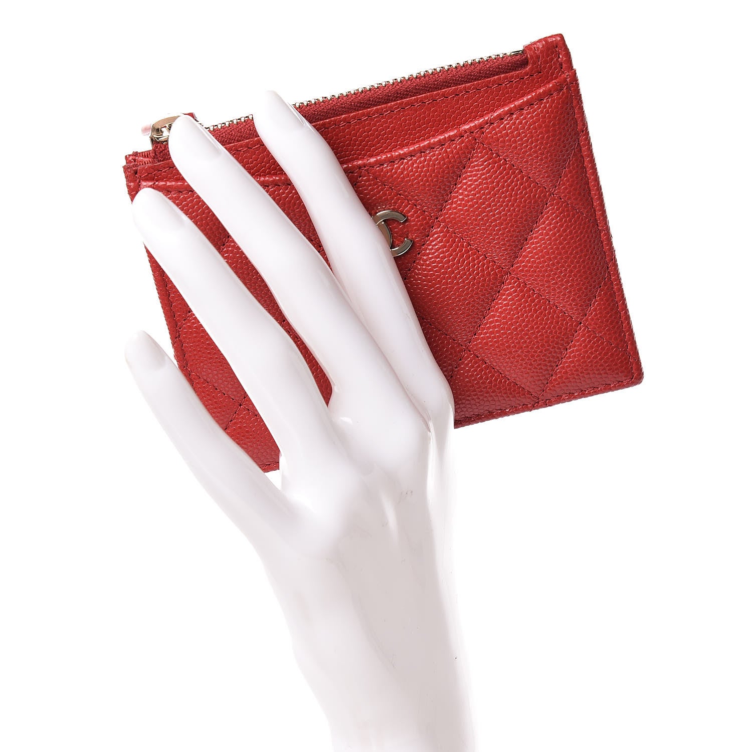 Chanel Caviar Quilted CC Zip Card Holder Red 2 of 8