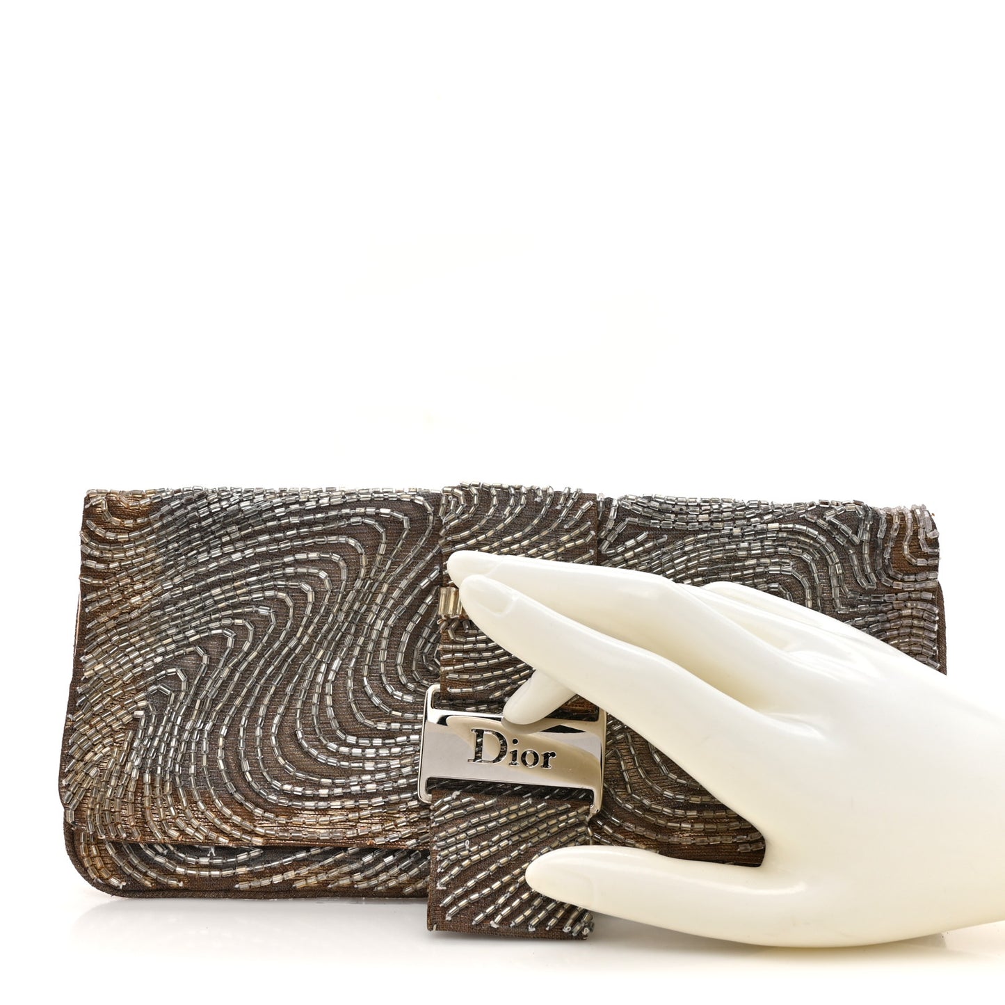 Beaded Fabric Flap Clutch Beige