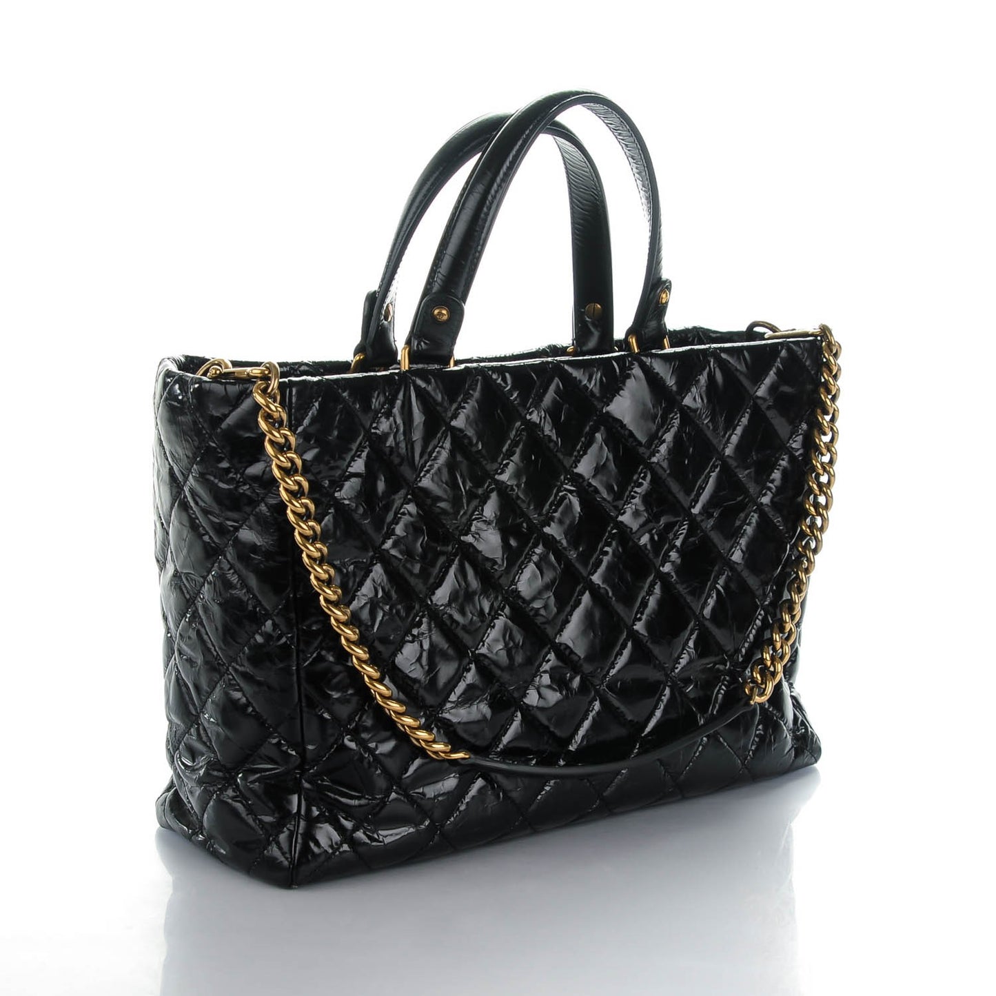 Glazed Calfskin Quilted Mademoiselle Tote Black