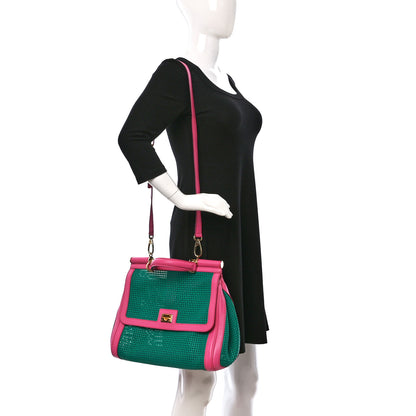 Dolce & Gabbana Woven Raffia Calfskin Large Miss Sicily Satchel Green Pink 2 of 17