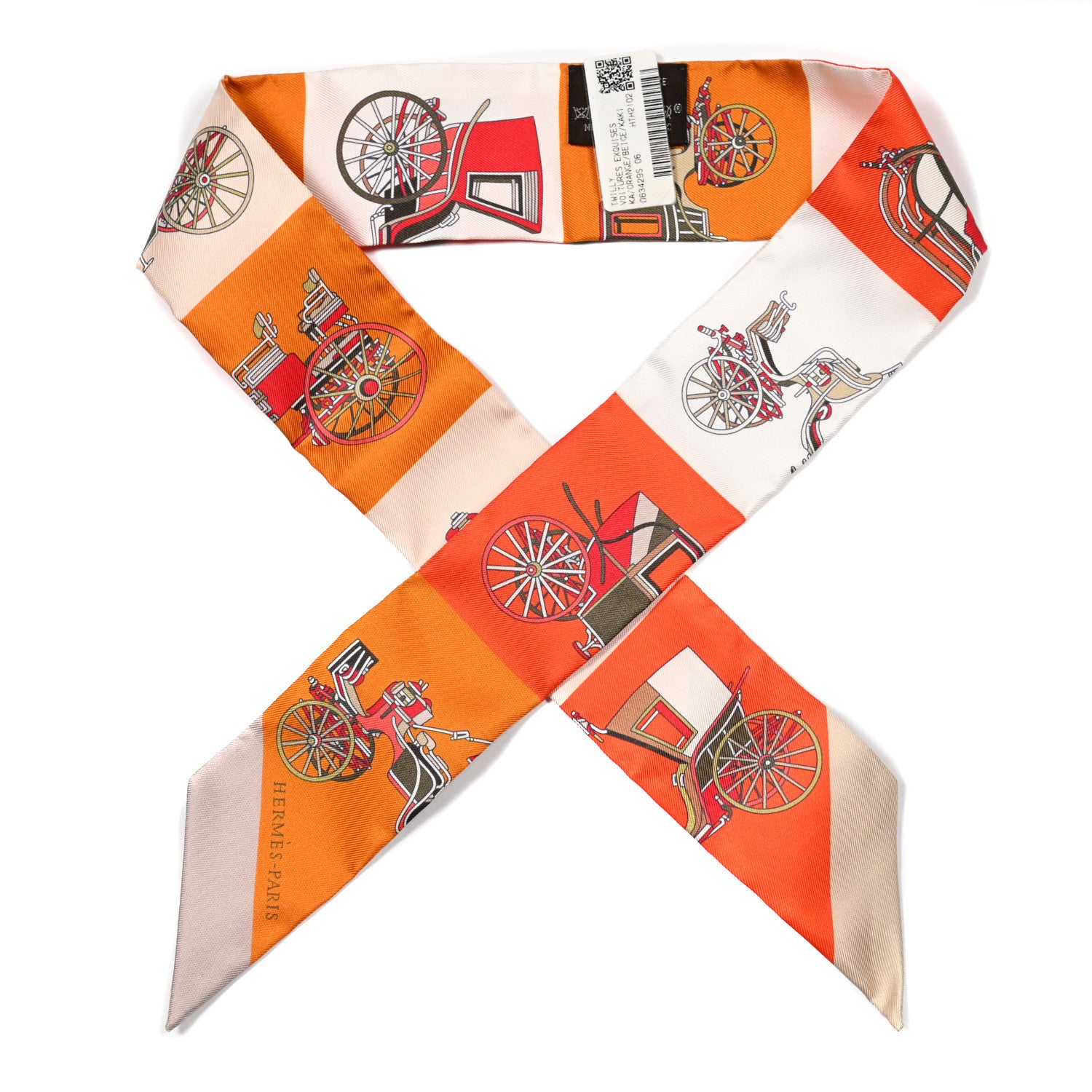 Hermes Silk Les Voitures Exquises Twilly Orange Beige Kaki 1 of 4