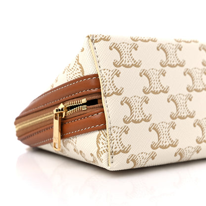 Celine Lambskin Triomphe Canvas Clutch With Chain White Tan 8 of 9