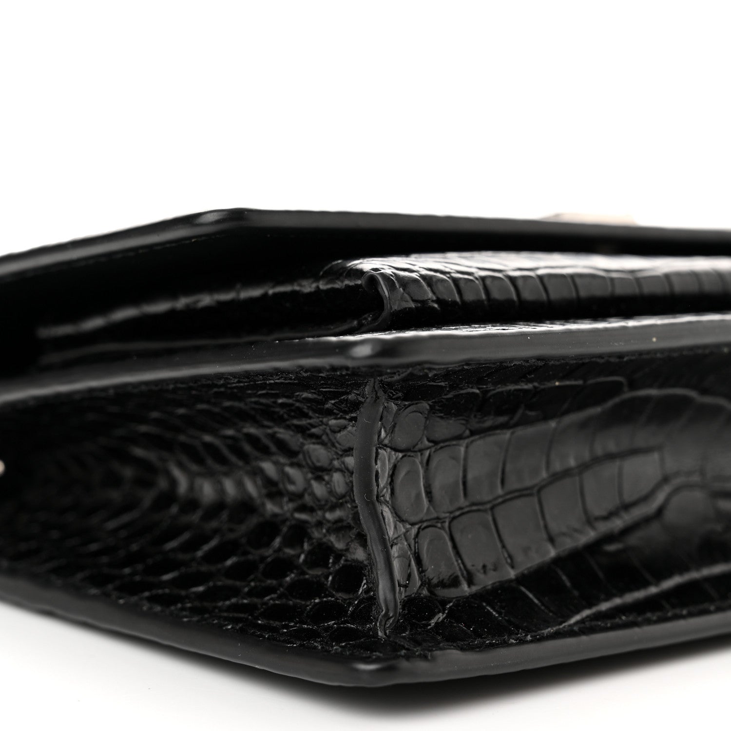 Saint Laurent Calfskin Crocodile Embossed Monogram Sunset Top Handle Chain Wallet Black 8 of 9