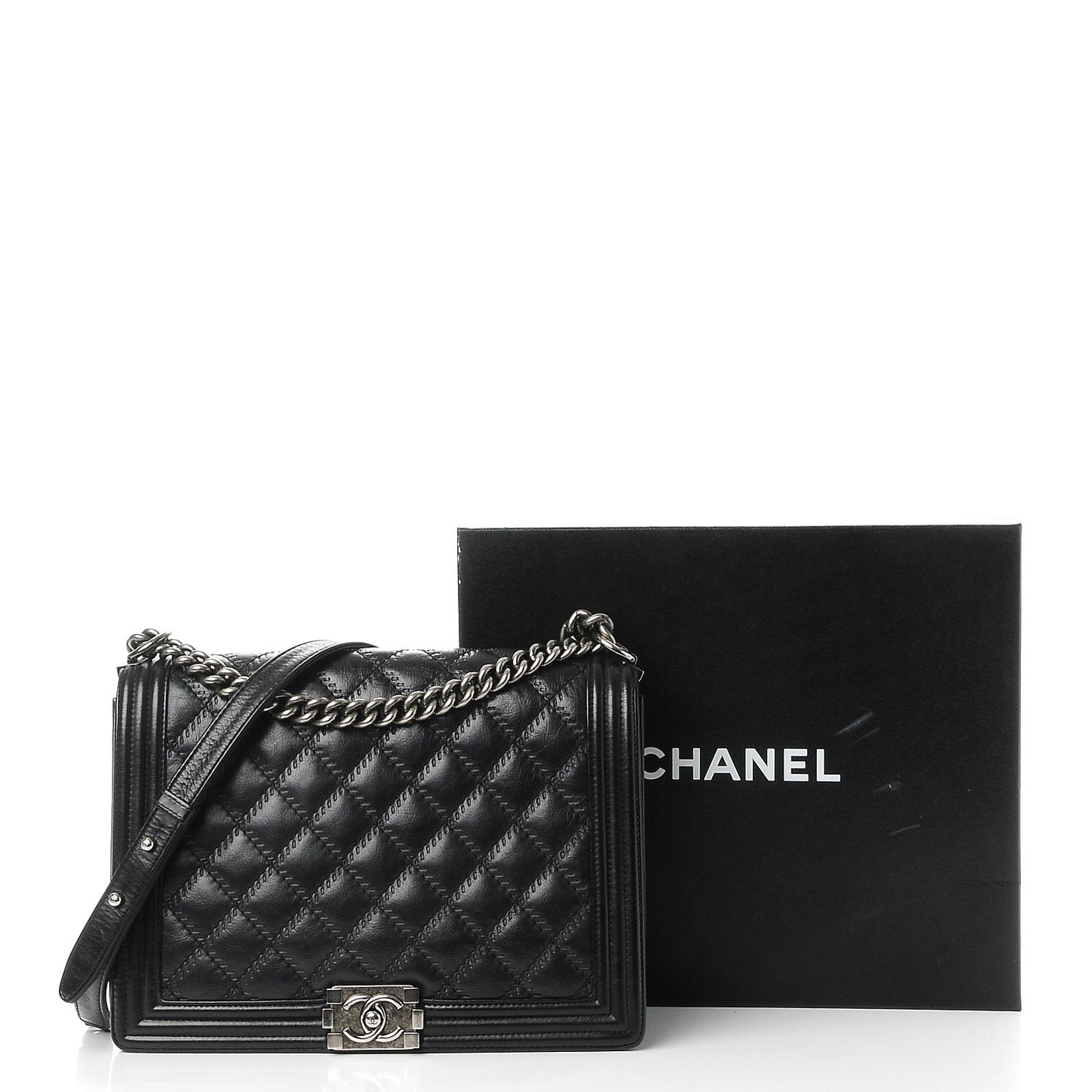 Calfskin Embossed Stitch Large Boy Flap Black