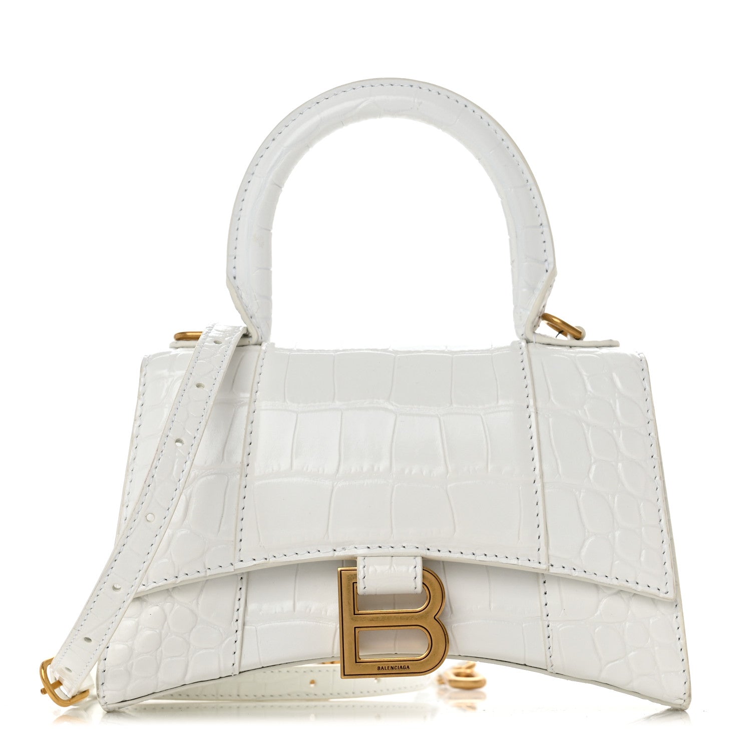 Balenciaga Shiny Calfskin Crocodile Embossed Hourglass Top Handle Bag XS Optic White 1 of 9