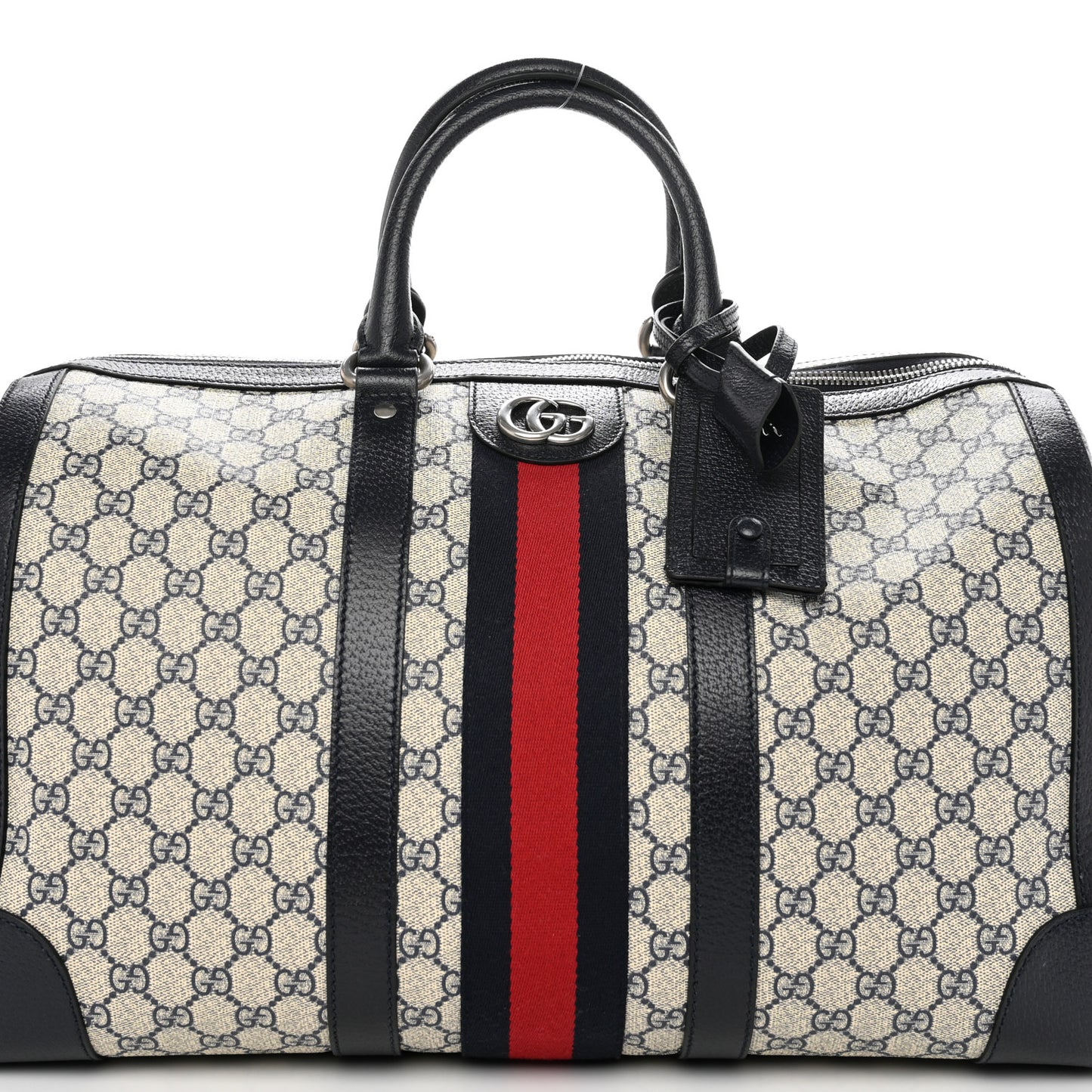 GG Supreme Monogram Textured Dollar Calfskin Web Medium Ophidia Duffle Bag Beige Blue
