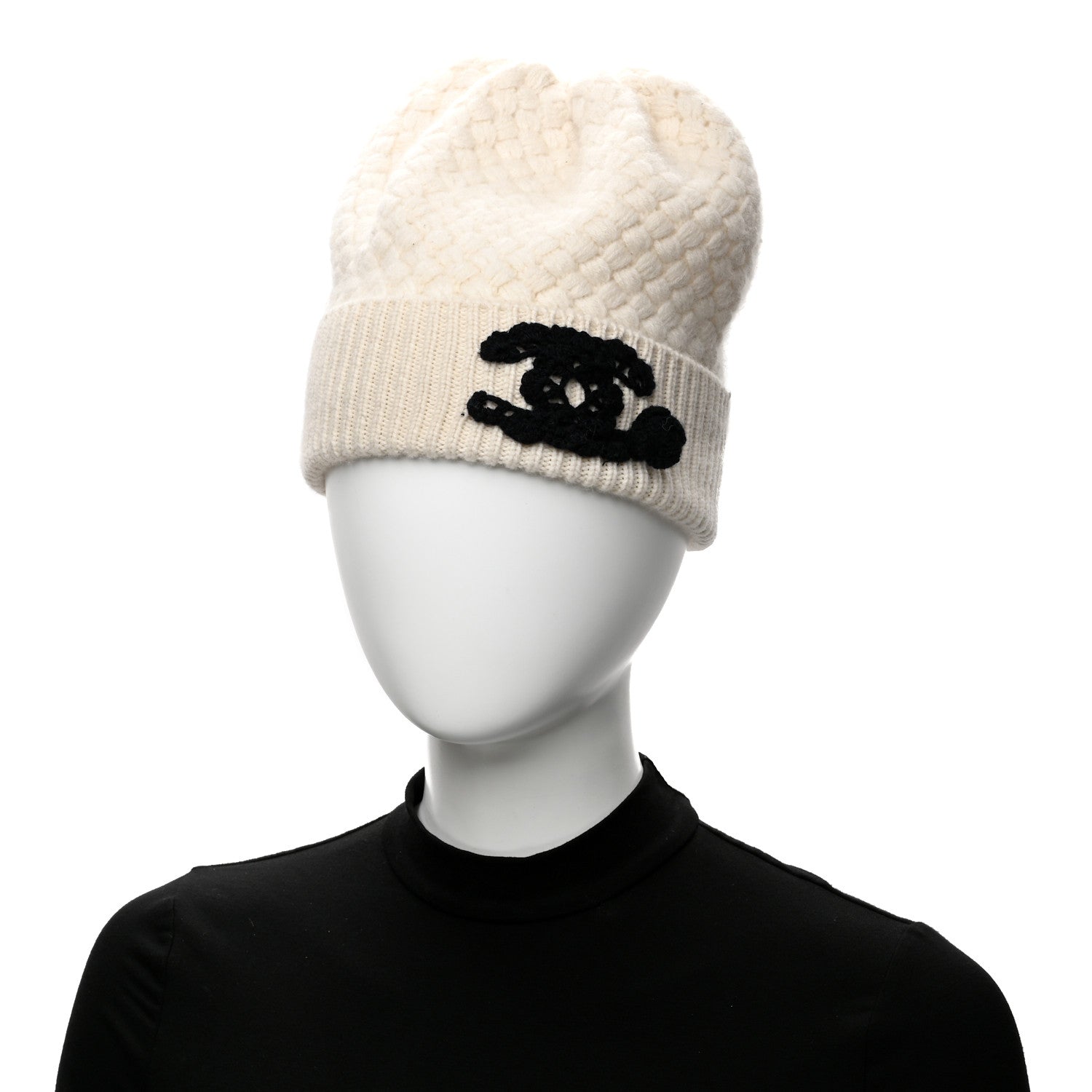 Chanel Cashmere CC Knitted Beanie Hat Black White 1890262