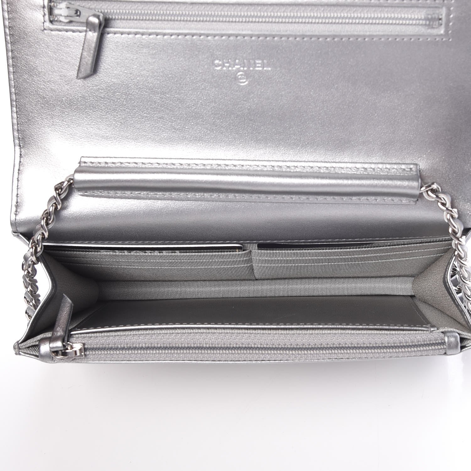 Chanel Patent Metallic Crumpled Calfskin Chevron Quilted Wallet On Chain WOC Silver 5 of 9