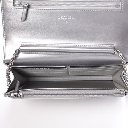 Chanel Patent Metallic Crumpled Calfskin Chevron Quilted Wallet On Chain WOC Silver 5 of 9