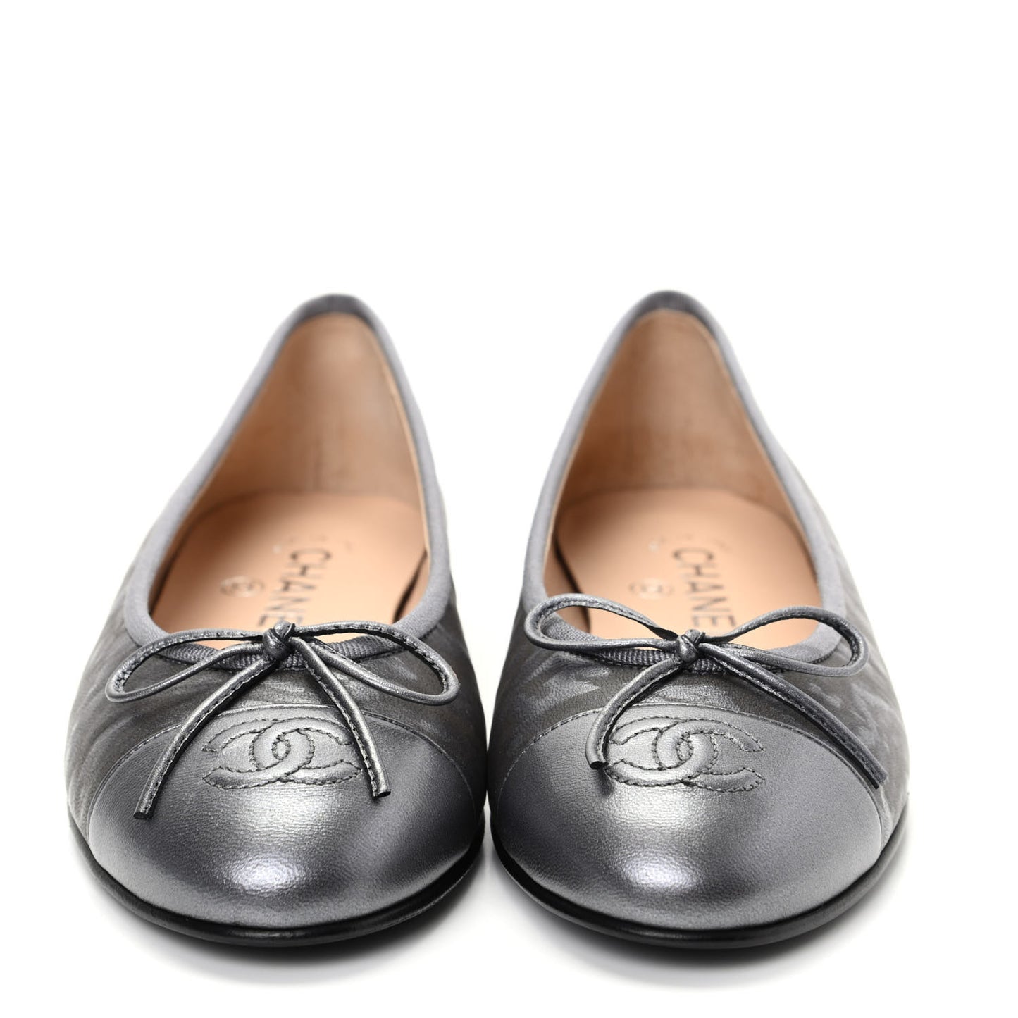 Metallic Lambskin Camellia CC Cap Toe Ballerina Flats 36.5 Dark Grey