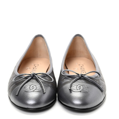 Chanel Metallic Lambskin Camellia CC Cap Toe Ballerina Flats 36.5 Dark Grey 2 of 11