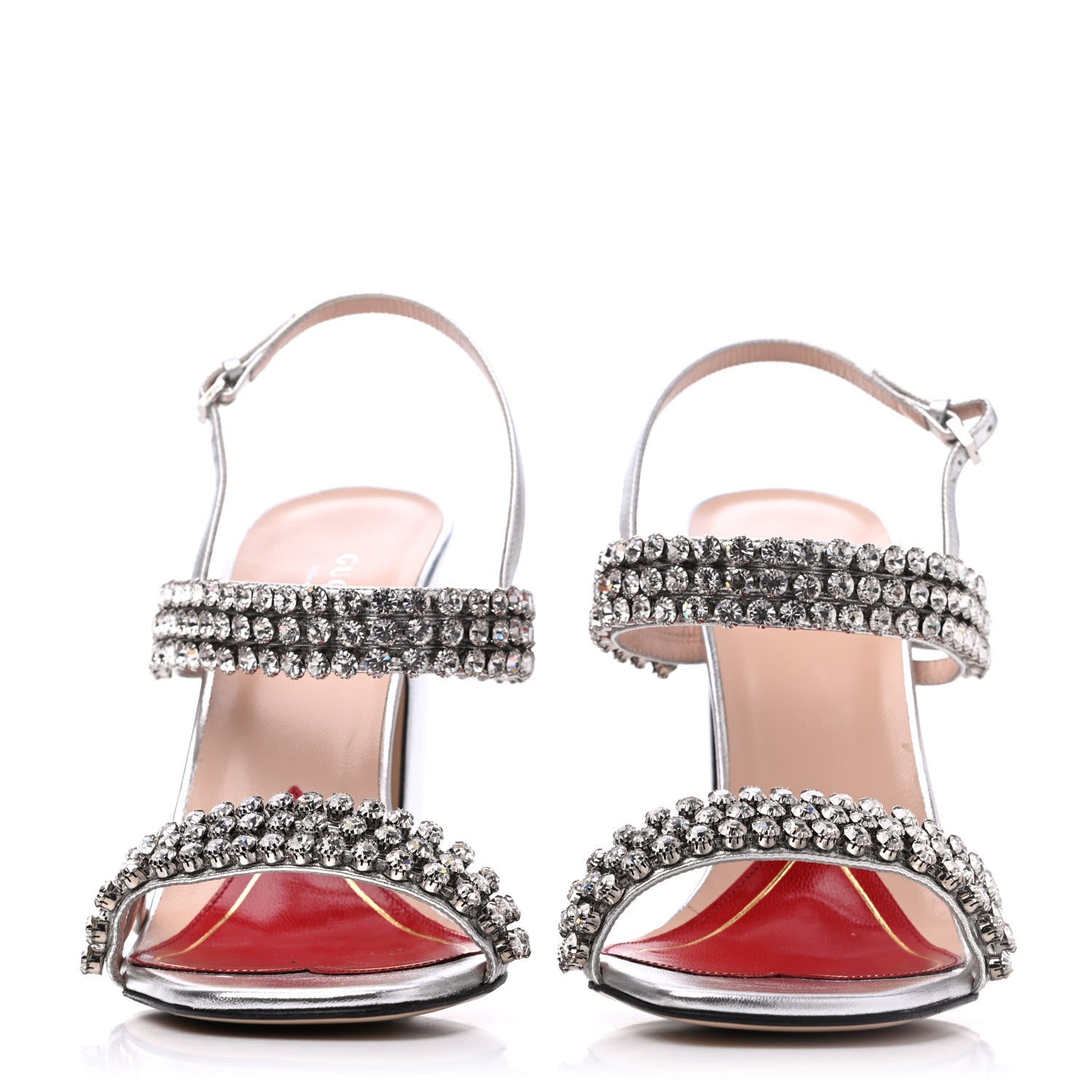 Gucci Nappa Silk Crystal Bertie High Heel Sandals 39.5 Argento 2 of 15