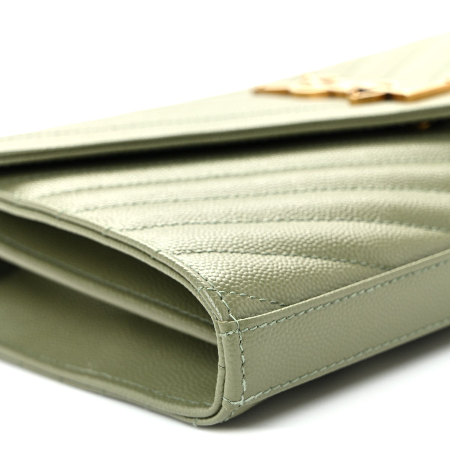 Saint Laurent Grain De Poudre Matelasse Chevron Monogram Chain Wallet Light Sage 8 of 9