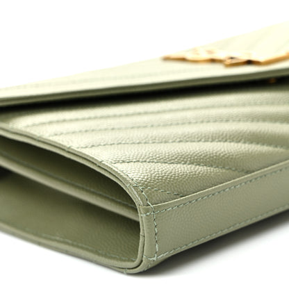 Saint Laurent Grain De Poudre Matelasse Chevron Monogram Chain Wallet Light Sage 8 of 9