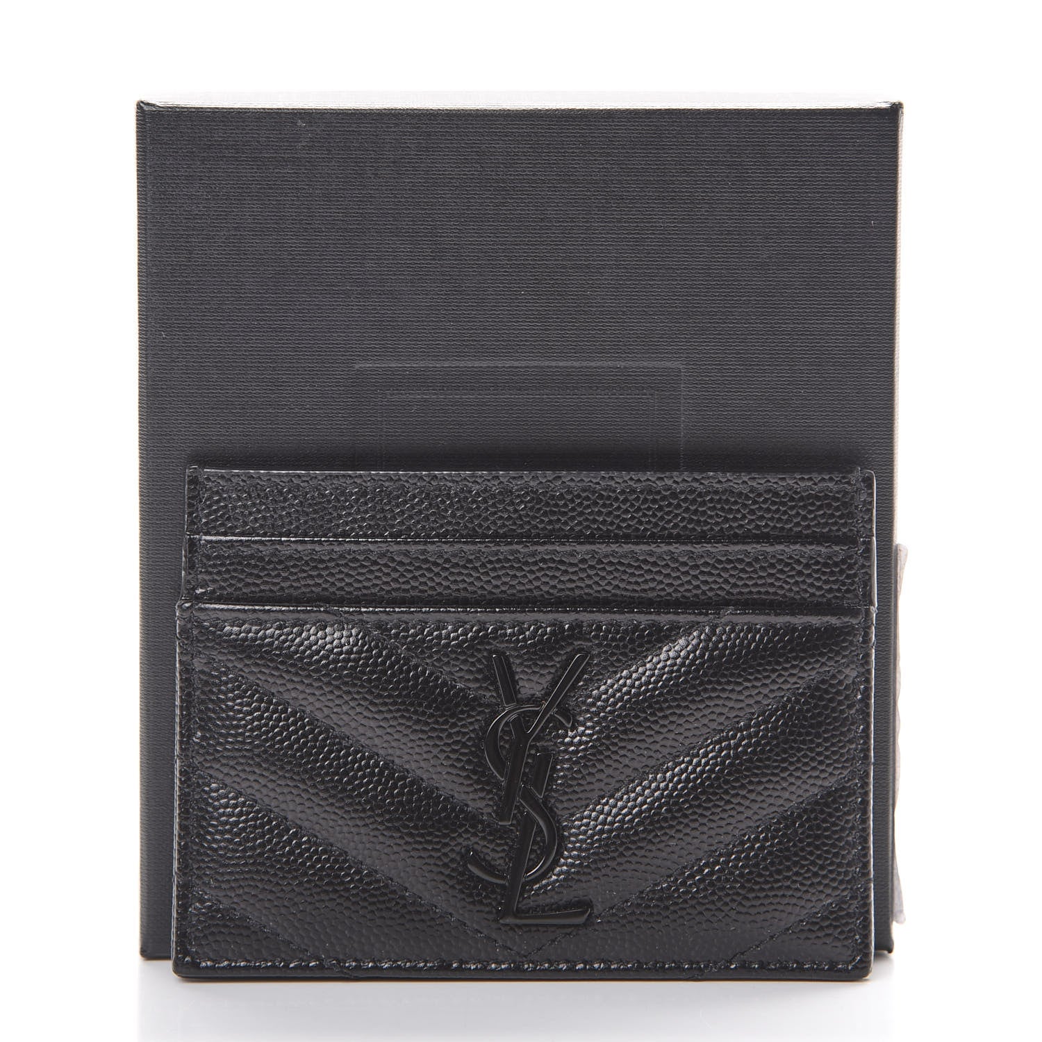 Saint Laurent Grain De Poudre Matelasse Chevron Monogram Credit Card Case Black 7 of 7