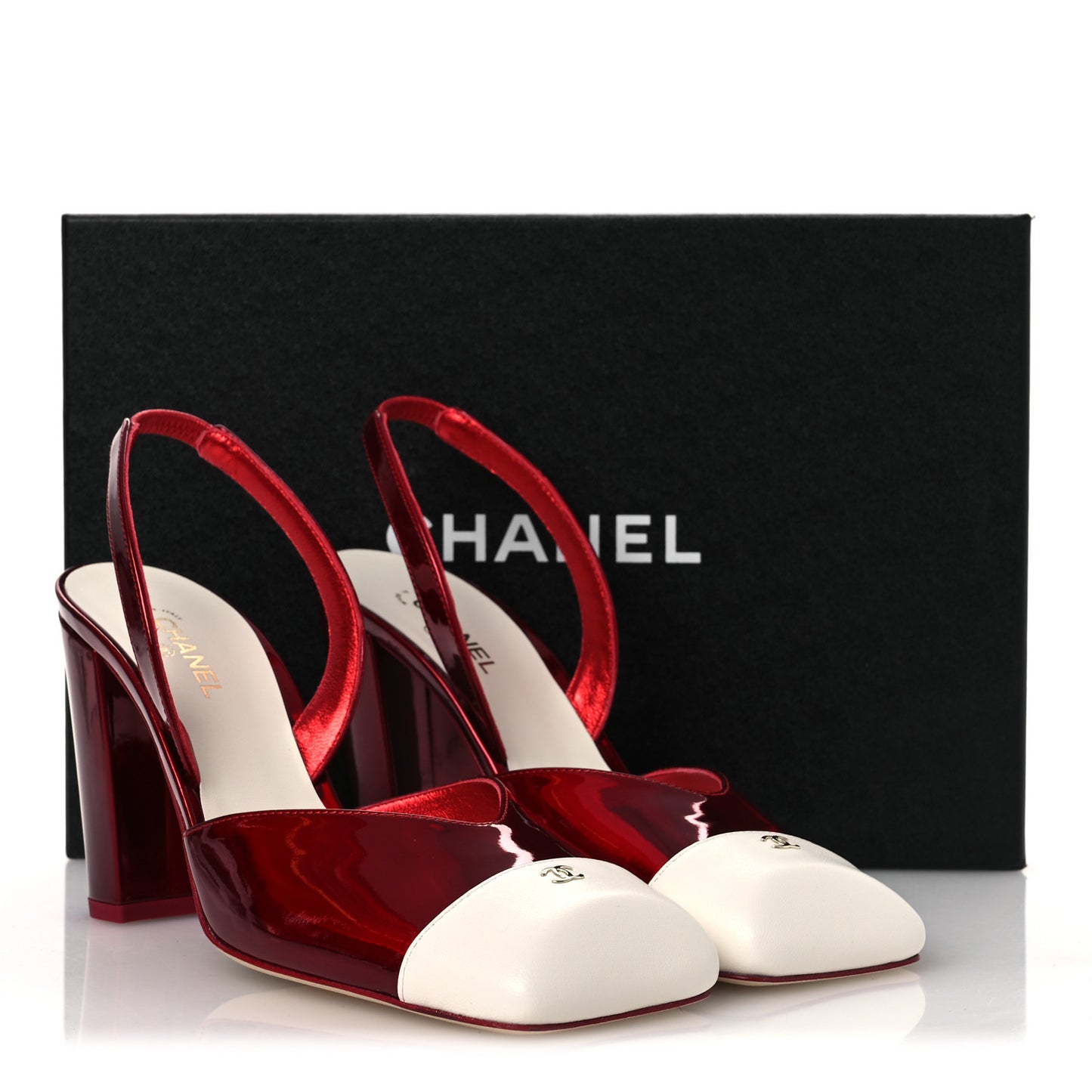 Laminated Calfskin Lambskin Cap Toe CC Slingback Pumps 39 Red Ivory