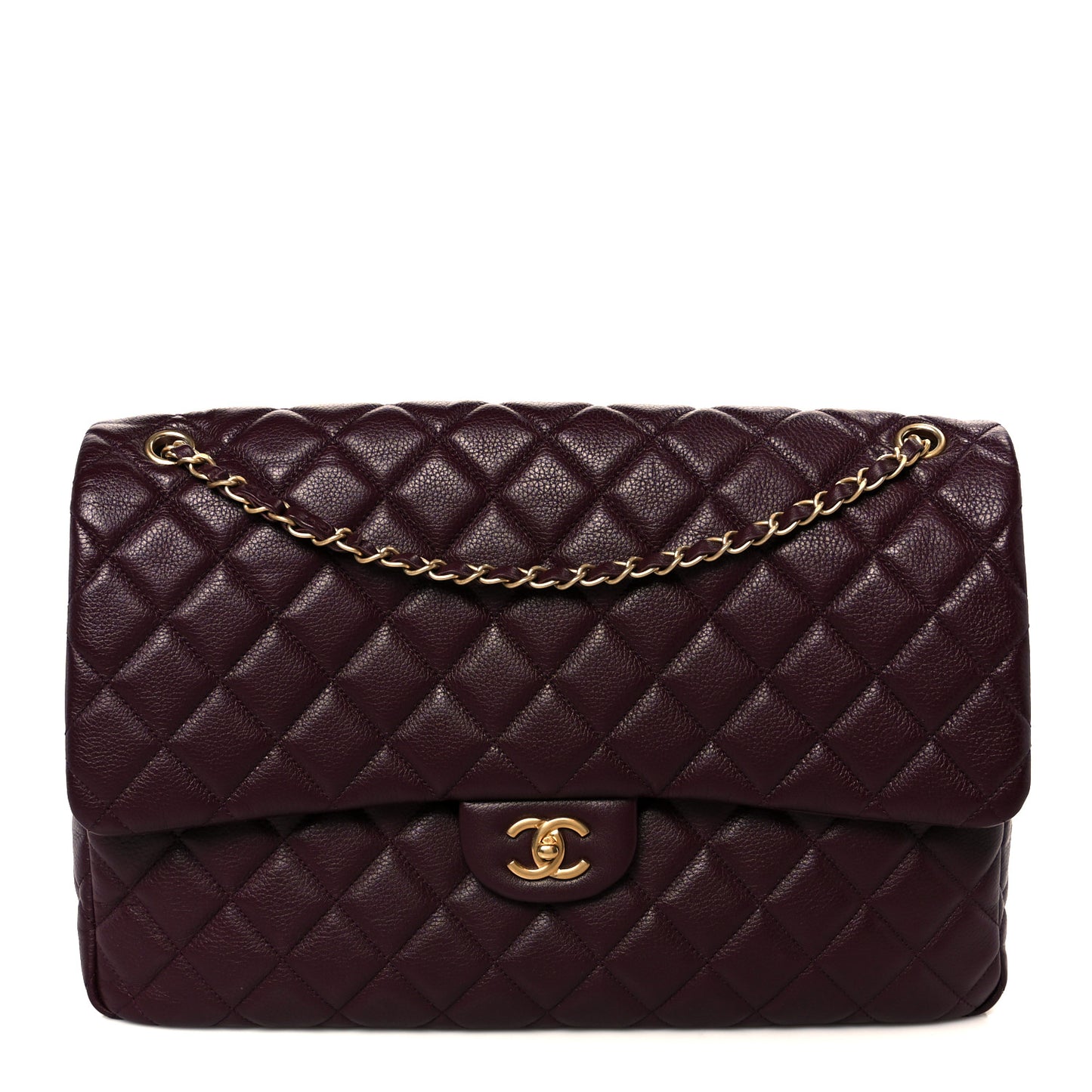 Grained Calfskin Quilted XXL Travel Flap Bag Burgundy