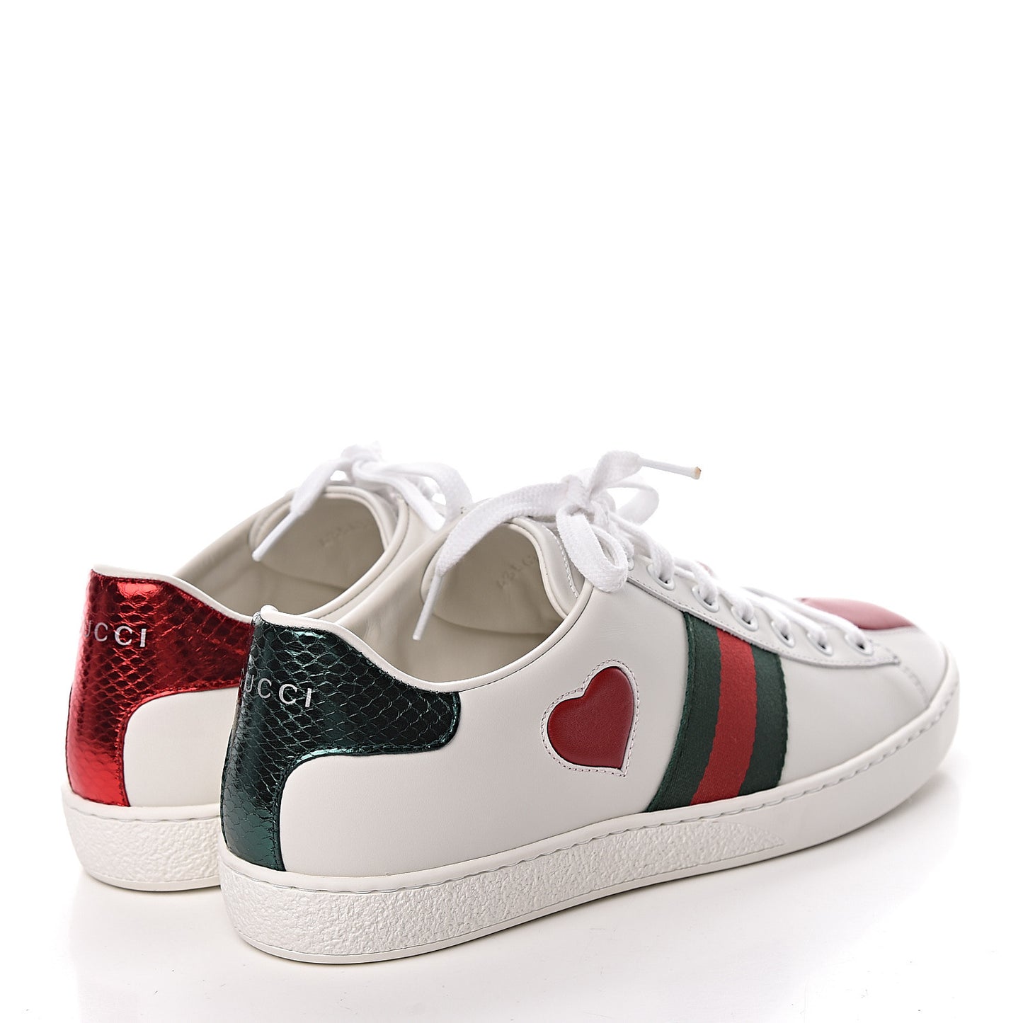 Calfskin Web Heart Embroidered Womens Ace Sneakers 38 White