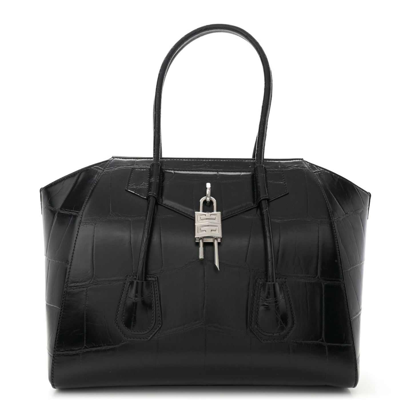Calfskin Crocodile Embossed Medium Lock Antigona Black