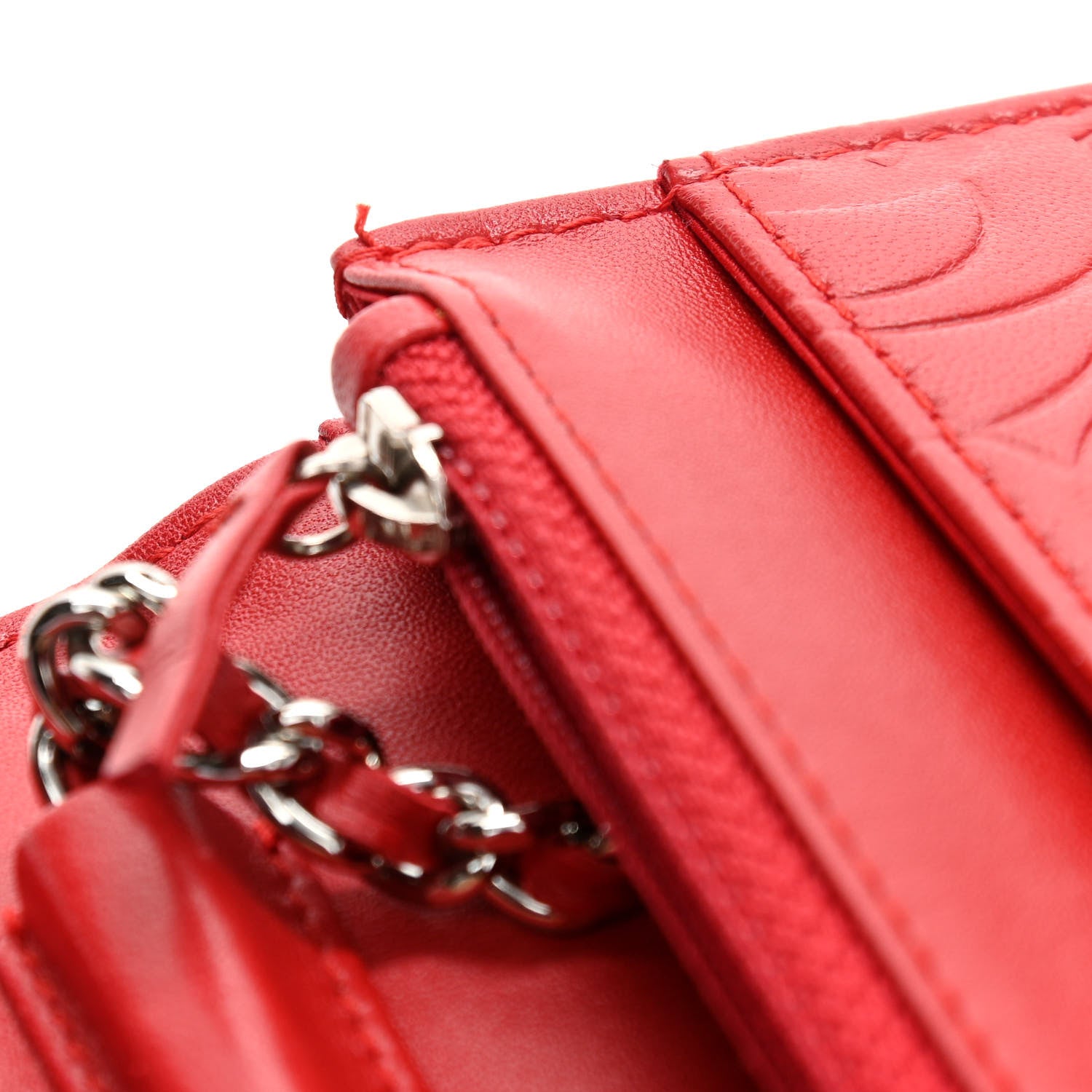Chanel Lambskin Camellia Embossed Wallet On Chain WOC Red 13 of 17