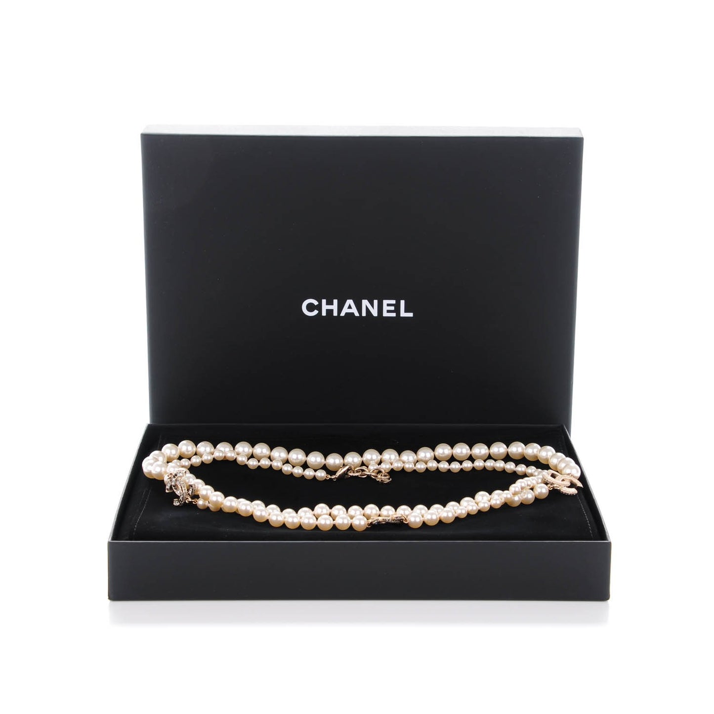Graduated Pearl Crystal CC Long Necklace Gold Black