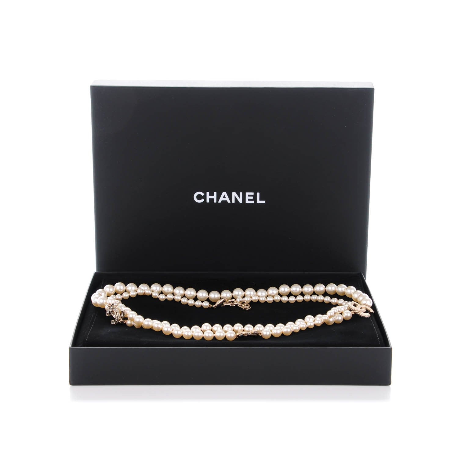Chanel Graduated Pearl Crystal CC Long Necklace Gold Black 6 of 6