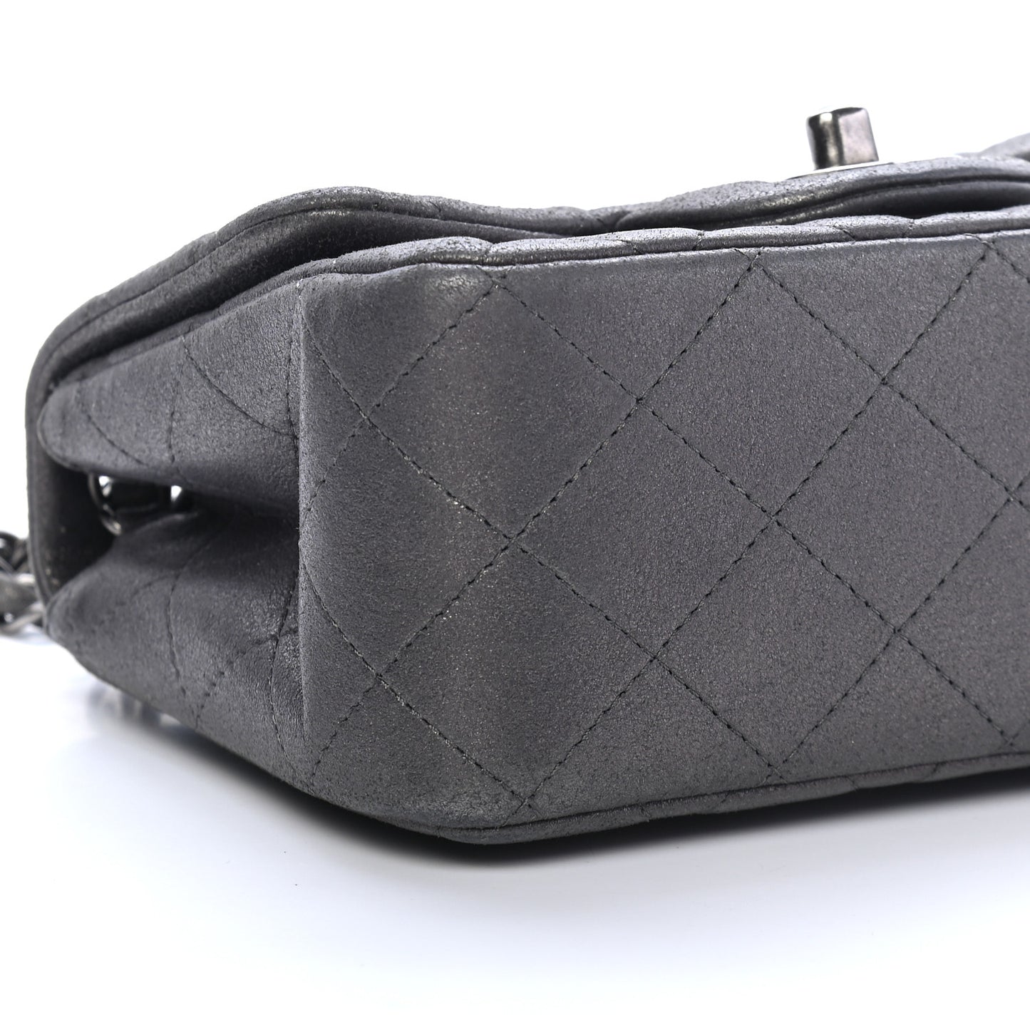 Metallic Goatskin Quilted Mini Square Flap Charcoal Grey