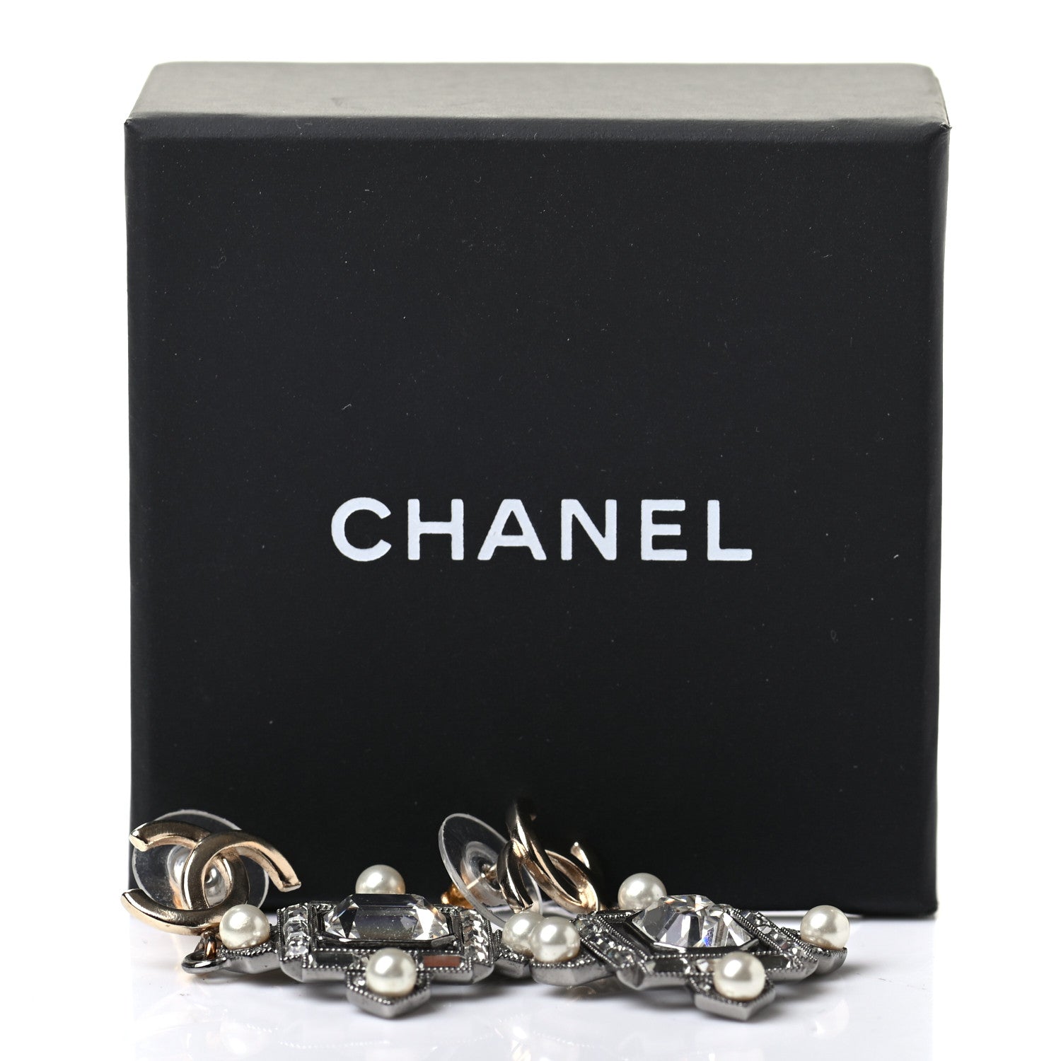 Chanel Crystal Baguette Pearl CC Cross Drop Earrings Gold 5 of 5