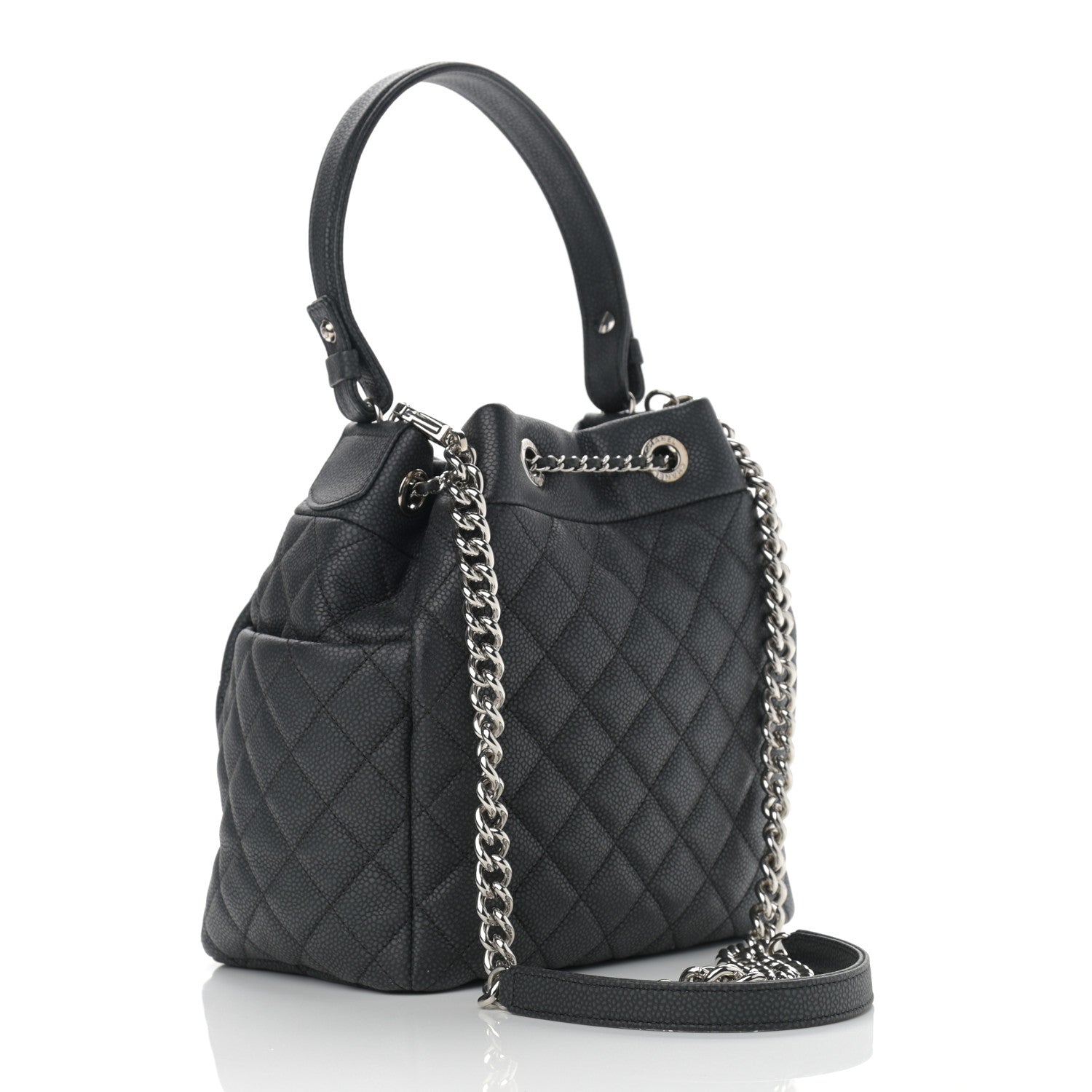 Chanel Caviar Flat Quilted CC Chain Bucket Drawstring Bag Black 3 of 10