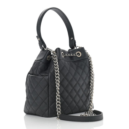 Chanel Caviar Flat Quilted CC Chain Bucket Drawstring Bag Black 3 of 10