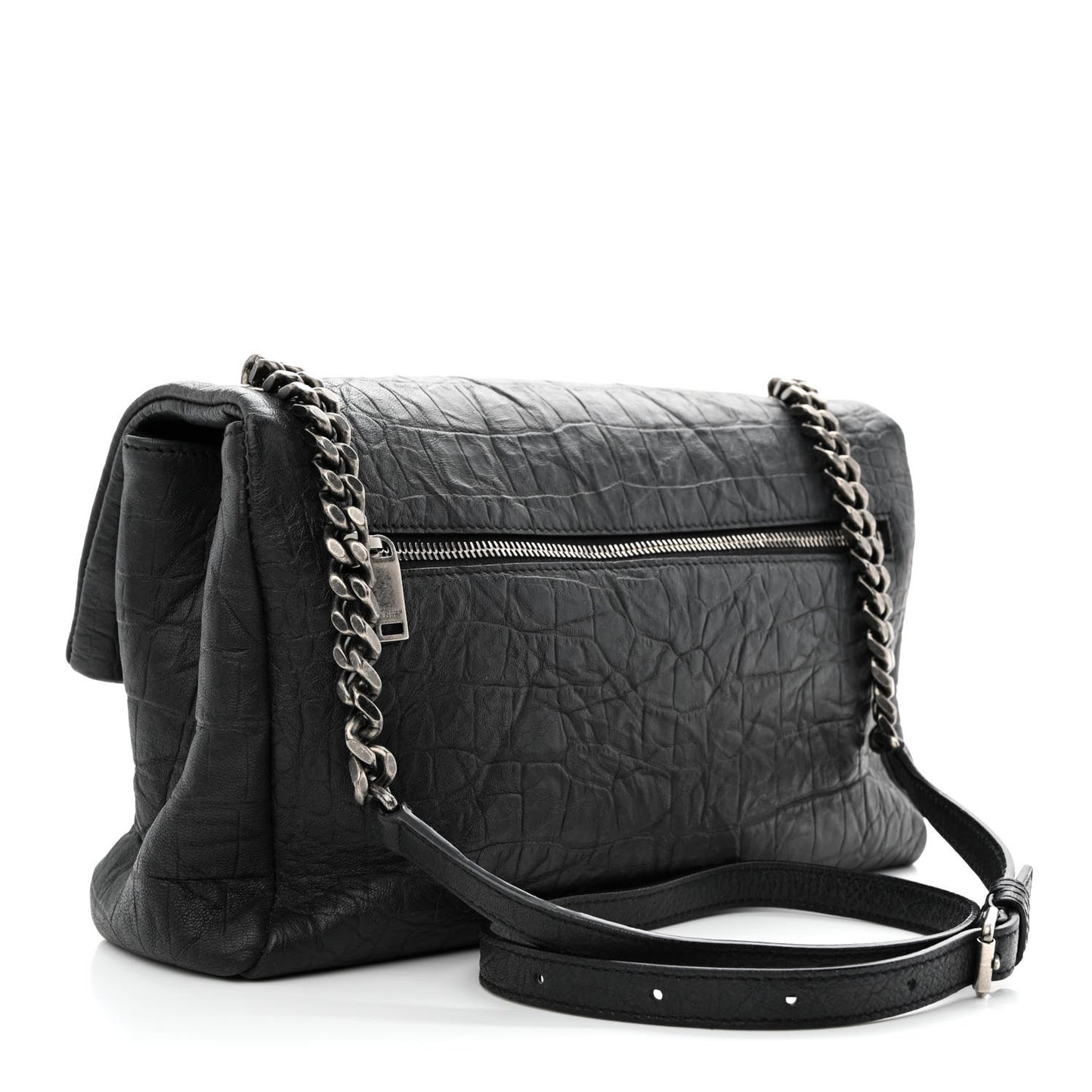 Calfskin Crocodile Embossed Medium West Hollywood Monogram Fold-Over Black