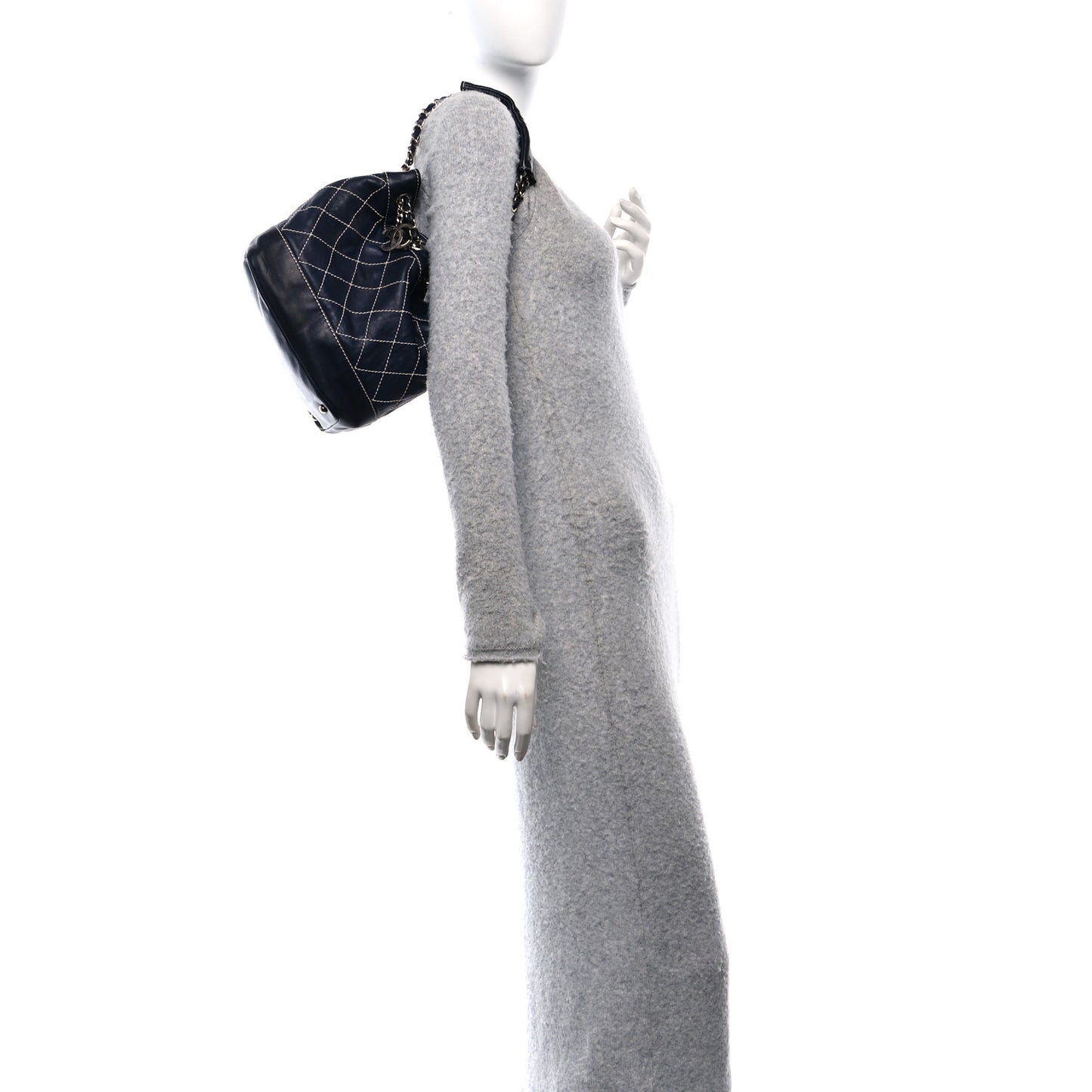 Lambskin Contrast Stitch Small Drawstring Tote Navy