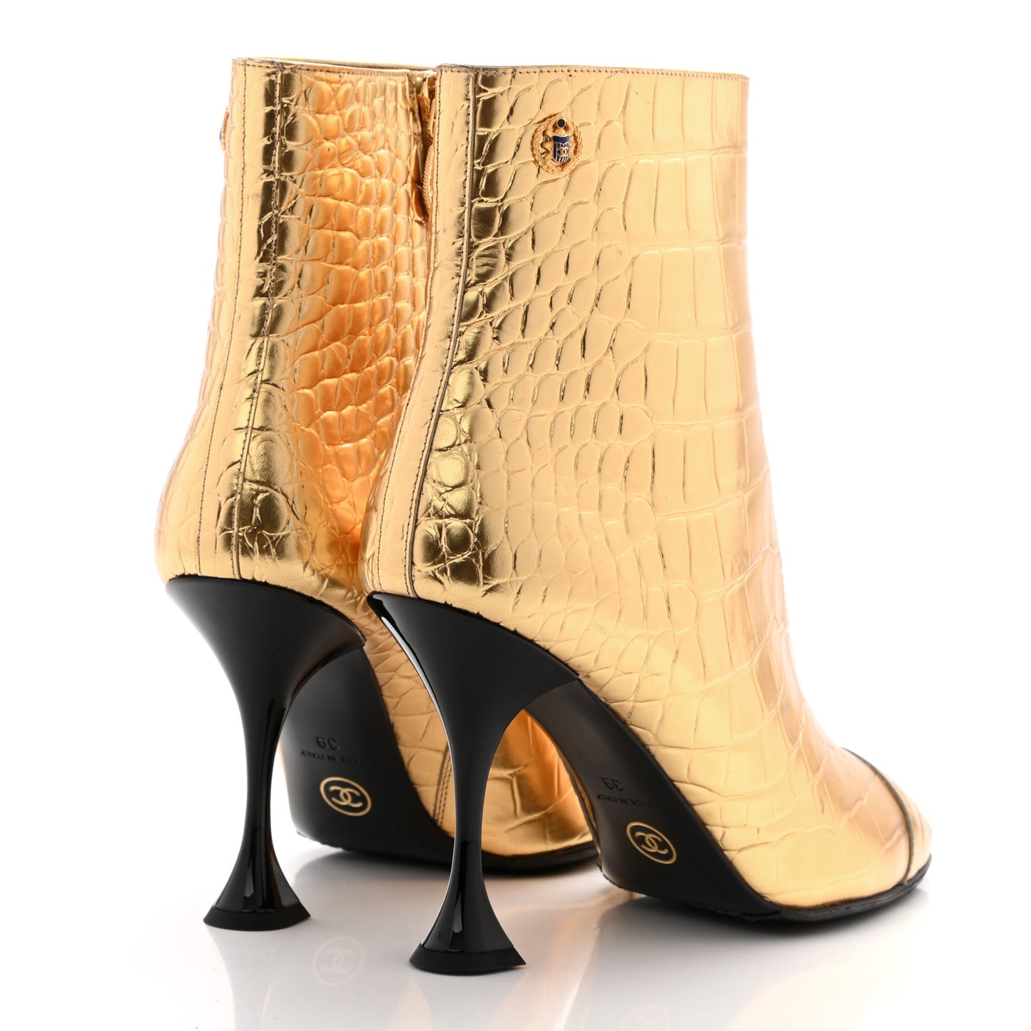 Calfskin Crocodile Embossed Cap Toe Ankle Boots 39 Gold