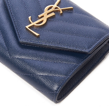 Saint Laurent Grain De Poudre Matelasse Chevron Monogram Compact Tri Fold Wallet Blue Sapphire 4 of 8