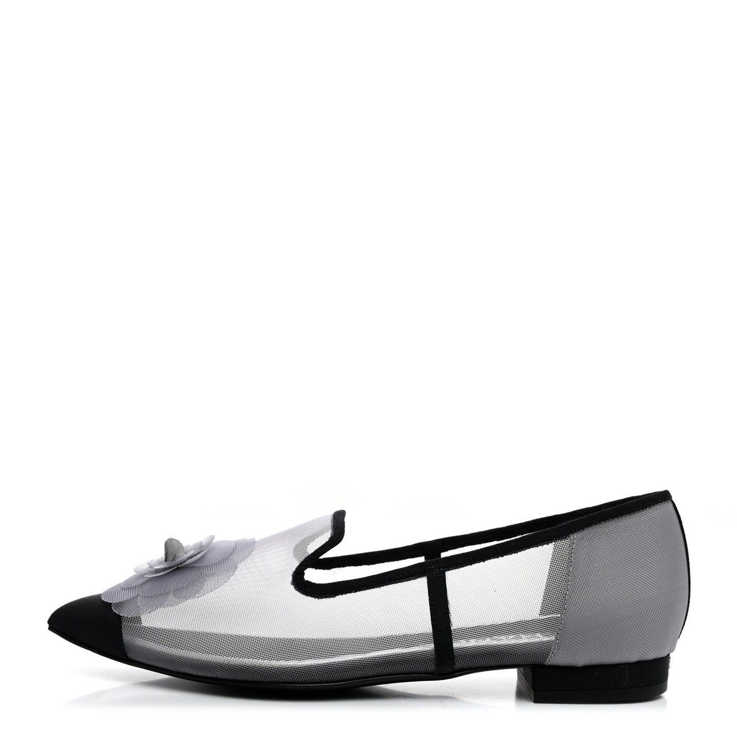 Mesh Grosgrain Camellia Mocassin Loafers 36 Grey Black