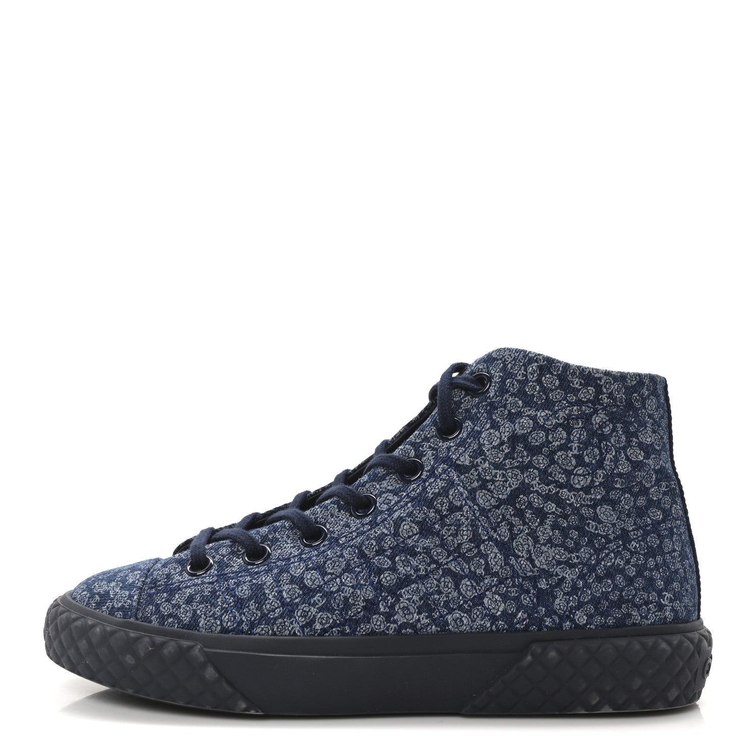 Chanel Printed Denim Quilted High Top Sneakers 37.5 Dark Blue 1 of 10