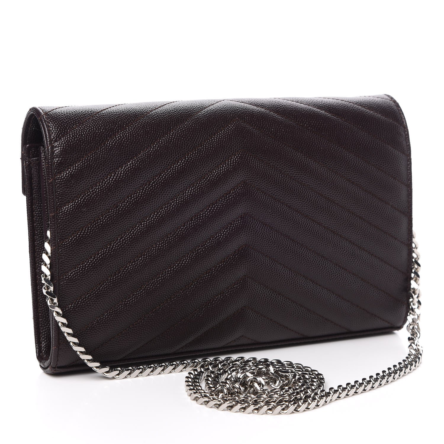 Saint Laurent Grain De Poudre Matelasse Chevron Monogram Chain Wallet Dark Brown 3 of 11