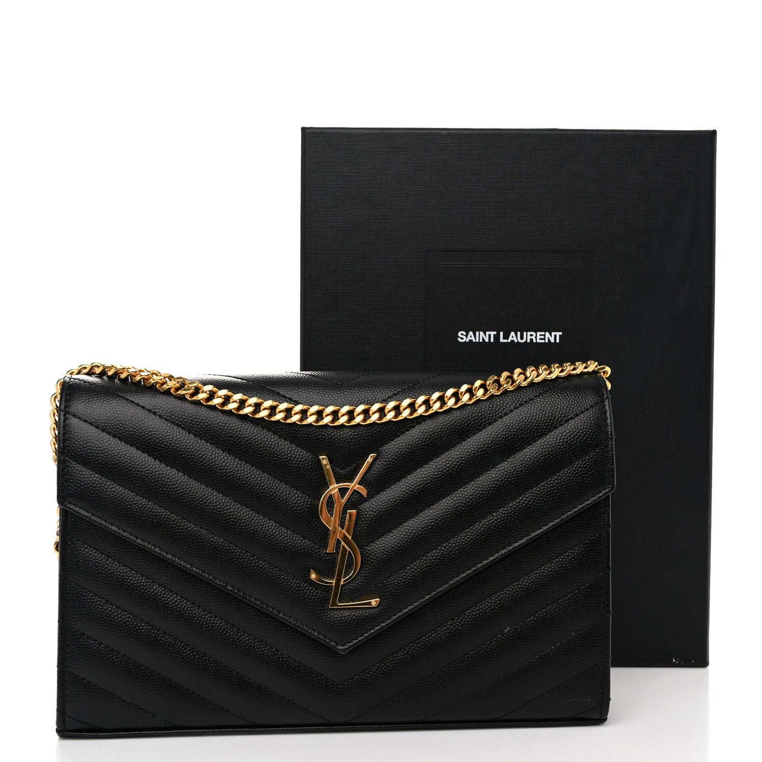 Saint Laurent Grain De Poudre Matelasse Chevron Monogram Chain Wallet Black 10 of 10