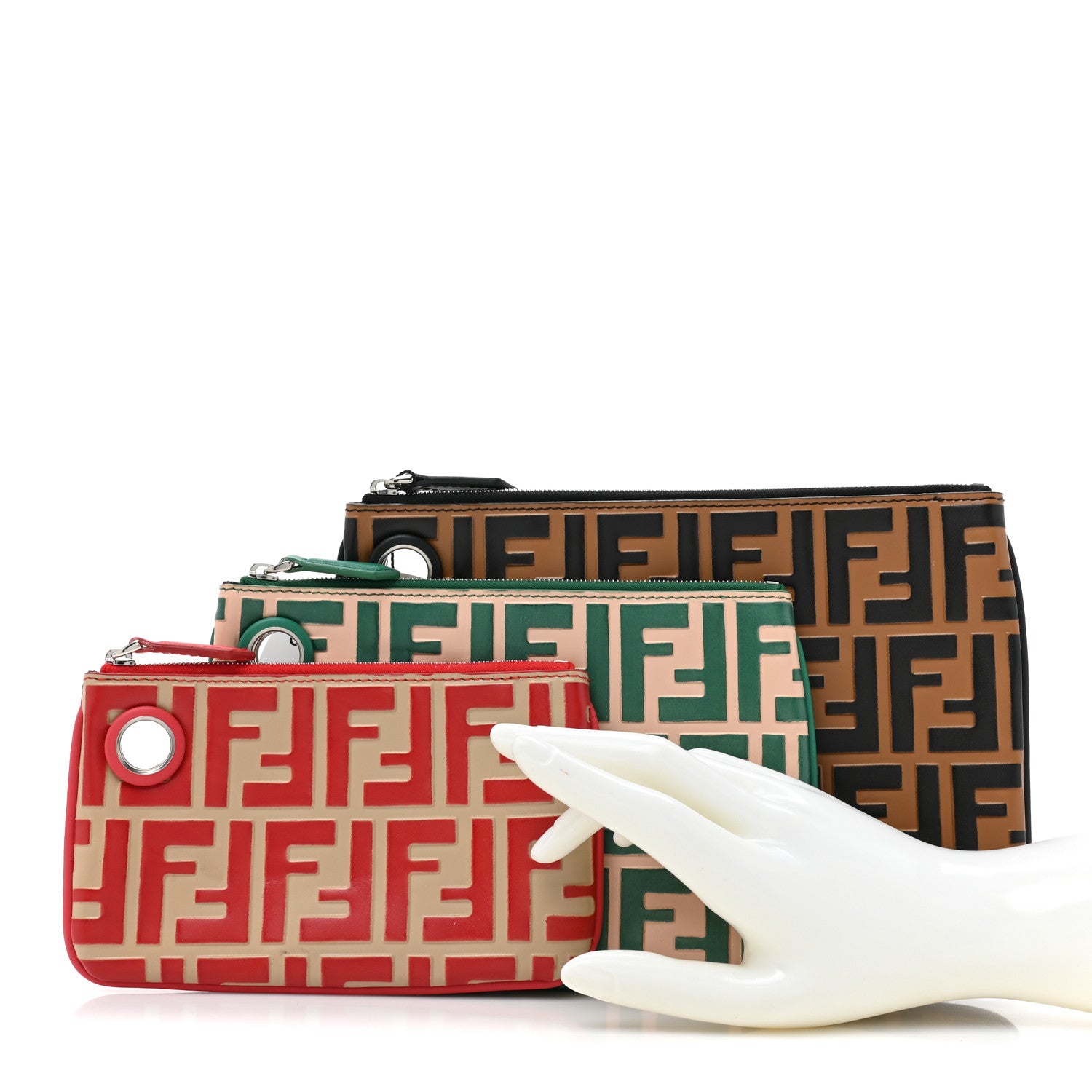 Fendi Vitello Monogram F is Fendi Bi-Color Triplette Pouch Set Brown Green Red 3 of 14