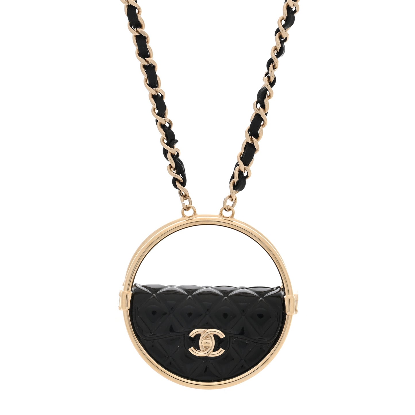 Metal Resin Quilted Flap Bag Hoop Mirror Necklace Black Gold