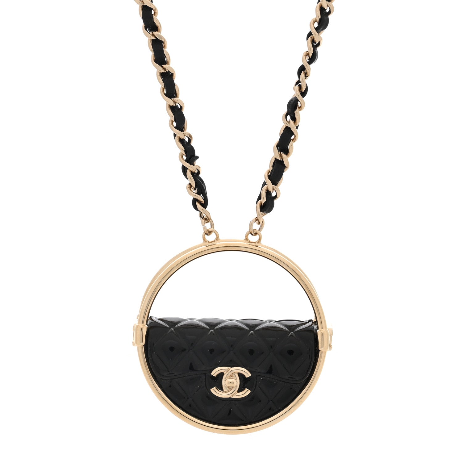 Chanel Metal Resin Quilted Flap Bag Hoop Mirror Necklace Black Gold 1 of 6