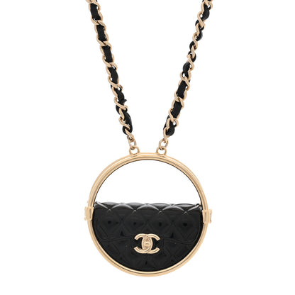 Chanel Metal Resin Quilted Flap Bag Hoop Mirror Necklace Black Gold 1 of 6