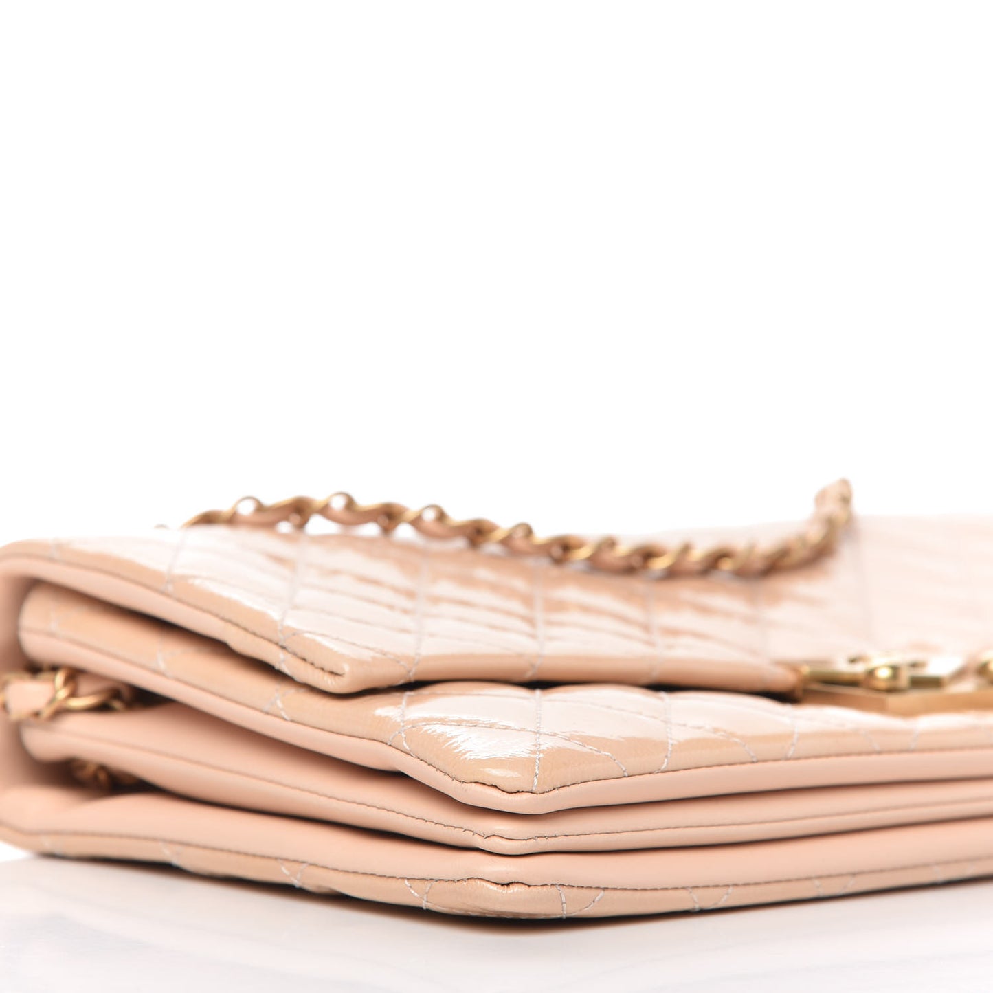 Patent Goatskin Quilted 3 Pocket Accordion Flap Beige