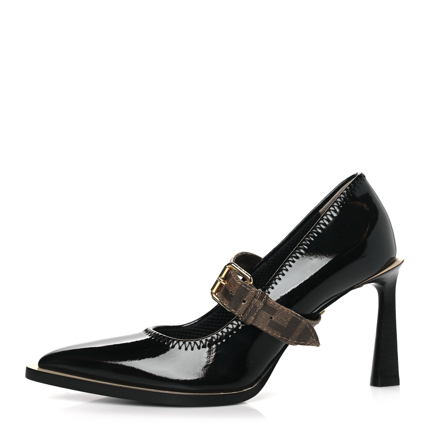 Glossy Neoprene Glazed Fabric FF FFrame Court Mary Jane Slingback Pumps 39 Black Tobacco Moro