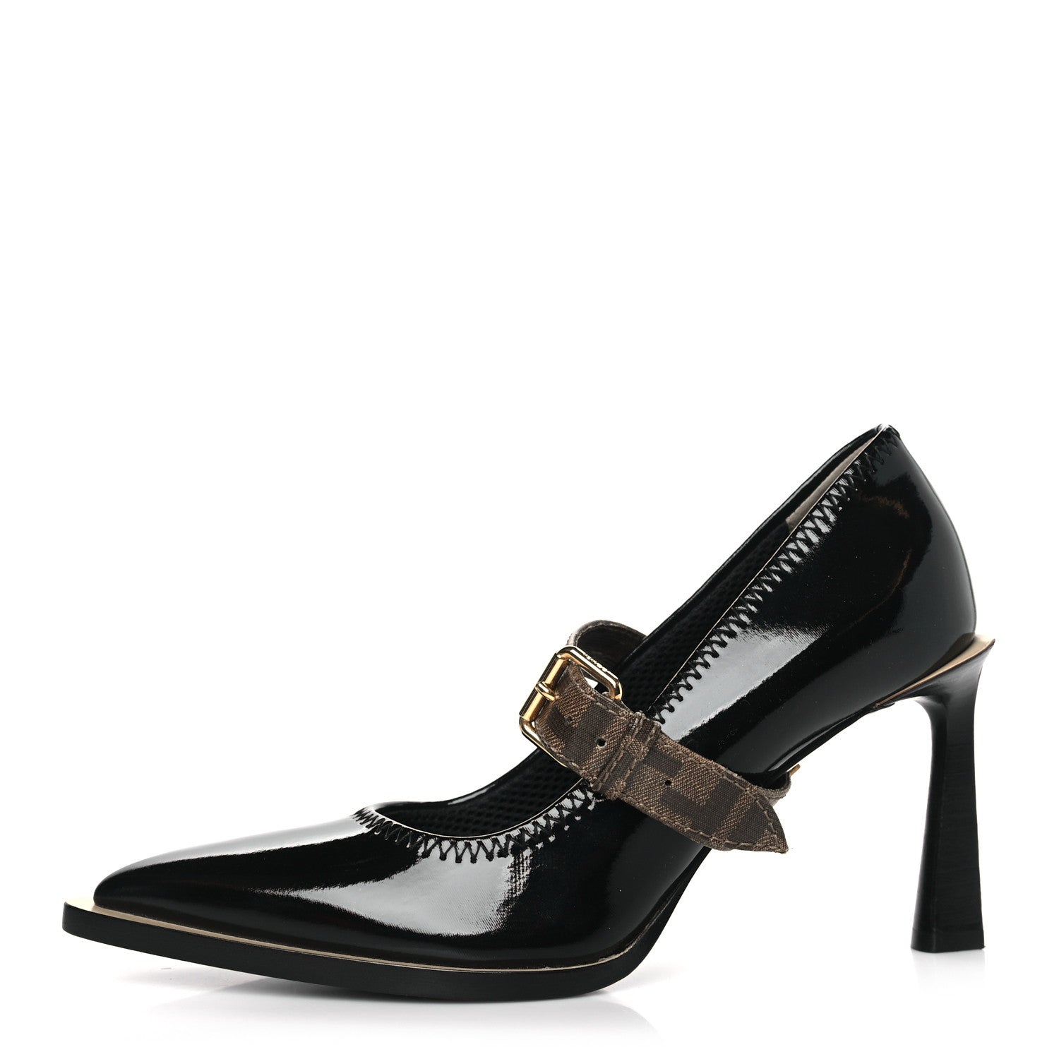Fendi Glossy Neoprene Glazed Fabric FF FFrame Court Mary Jane Slingback Pumps 39 Black Tobacco Moro 1 of 7