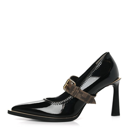 Fendi Glossy Neoprene Glazed Fabric FF FFrame Court Mary Jane Slingback Pumps 39 Black Tobacco Moro 1 of 7