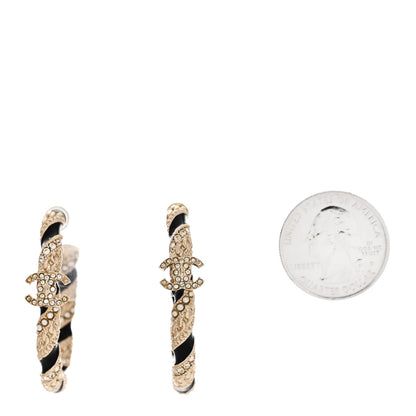 Chanel Crystal Pearl Twist CC Hoop Earrings Gold Black 2 of 7