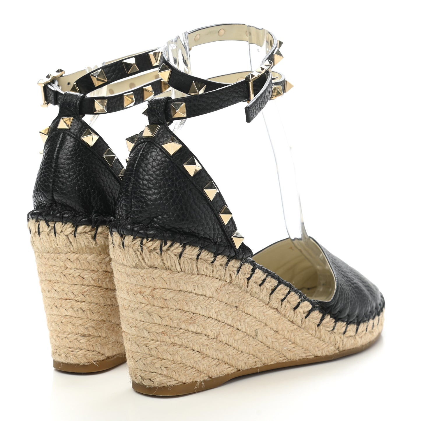 Grained Calfskin Rockstud Ankle Wrap Espadrille 15/85mm Wedges 38 Black Light Ivory