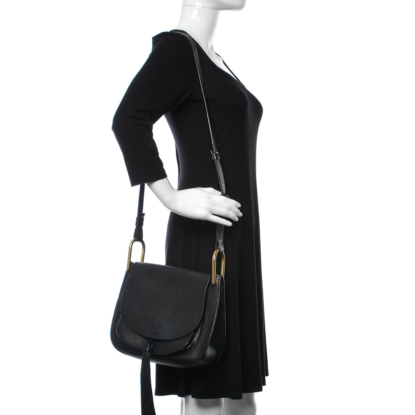 Grained Calfskin Medium Hudson Tassel Shoulder Bag Black