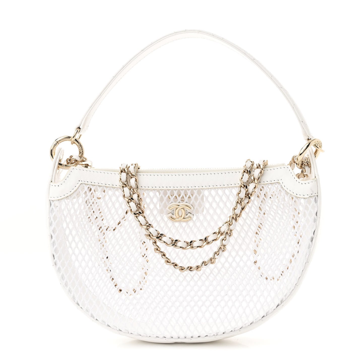 Mesh Shiny Lambskin Chain Hobo White